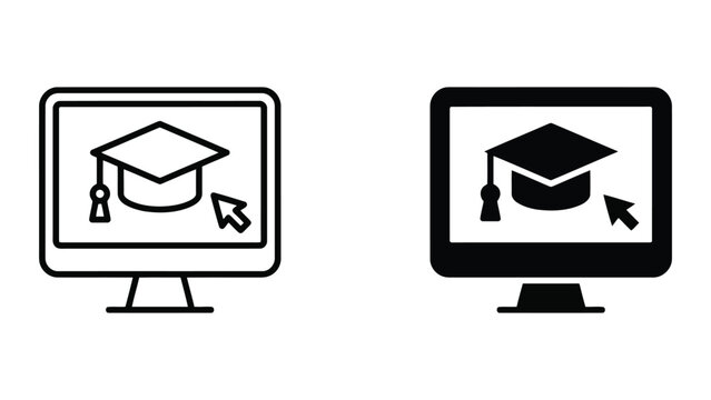 Interactive online course computer icon set featuring graduation cap and cursor click for e-learning platforms and web academic training in modern linear and solid black vector graphic style