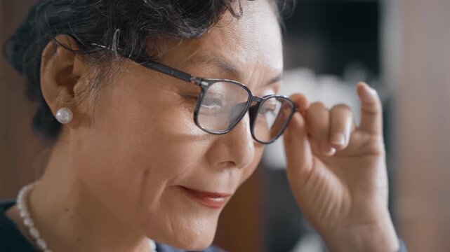 Presbyopia retired senior woman with poor eyesight wear eyeglasses try to read book, newspaper, news. Female suffer from farsightedness eye disease, presbyopia causes symptoms diagnosis, treatment