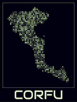 Corfu digital style map. Small square dots on dark background. Dotted shape of the island. Corfu map and title. Amazing vector illustration.