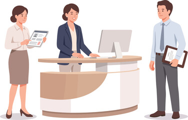 Obraz premium Business people at reception desk during office meeting with digital tablet and clipboard Vector Illustration