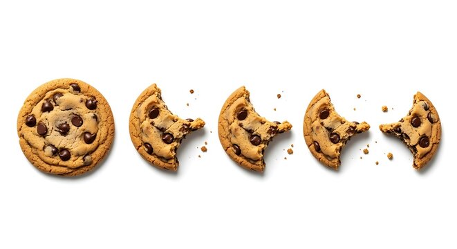 A progression of a chocolate chip cookie being bitten, from whole to almost gone, on white