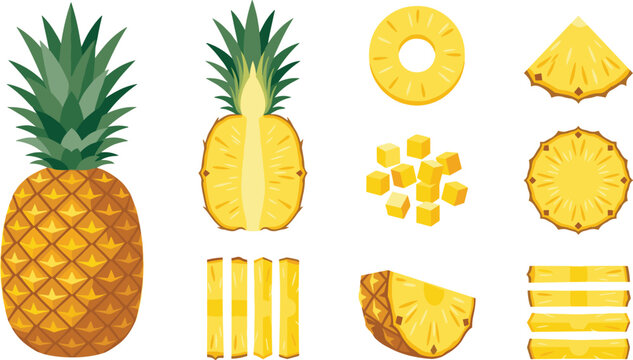 Fresh pineapple tropical fruit vector set featuring whole pineapple half cut ring slice chunks cubes wedges sticks and green crown leaf elements.
