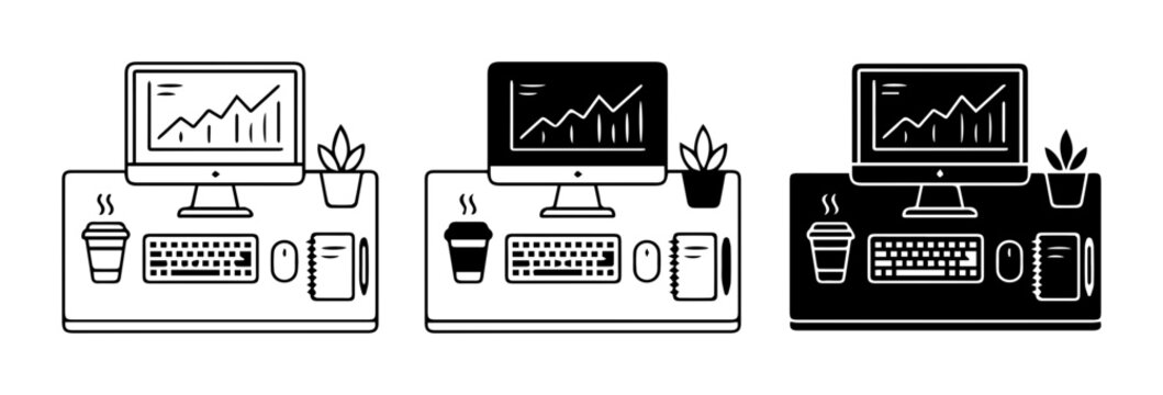 Modern Desk Setup Icons: Computer, Keyboard, Mouse, Coffee, Plant, Phone, Analytics Chart, Business Workspace Collection