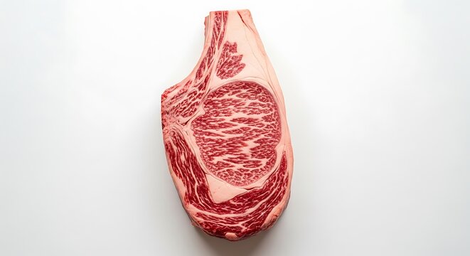 A raw, premium cut of meat, marbled with fat, isolated on a white backdrop