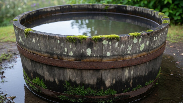 Old Rustic Wooden Barrel Filled with Clear Rainwater in a Garden, Featuring Green Moss and Rusty Metal Hoops