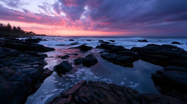 Dramatic reflection of a stormy sunset over foamy tide pools and the ocean horizon