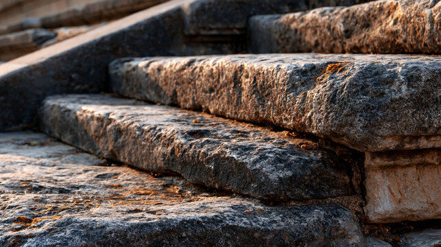 Weathered stone close up of ancient steps worn smooth by footsteps with warm side light and timeless texture