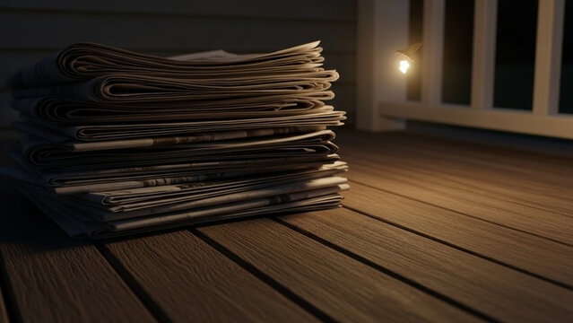 Stack of newspapers on wooden porch at night with illuminated moth fluttering near a light fixture on railing