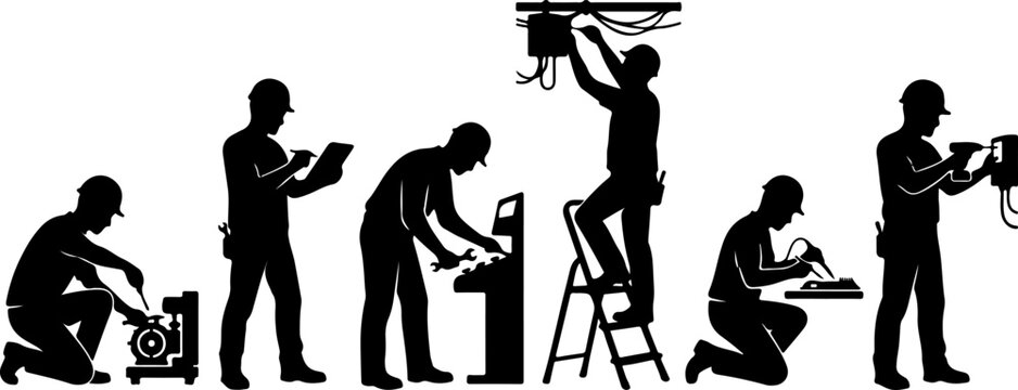 Silhouettes of industrial workers performing various technical tasks vector illustration