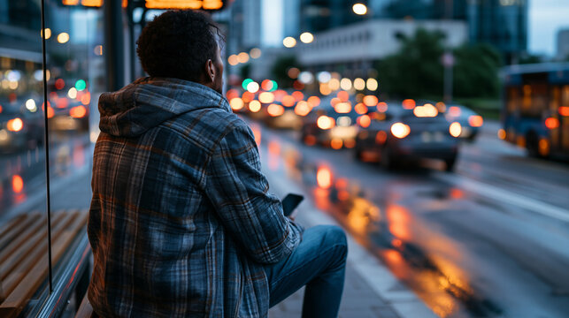 Alone person waiting at bus stop in evening urban metropolis, city traffic blur behind, quiet solitude and loneliness in modern night street scene photorealistic