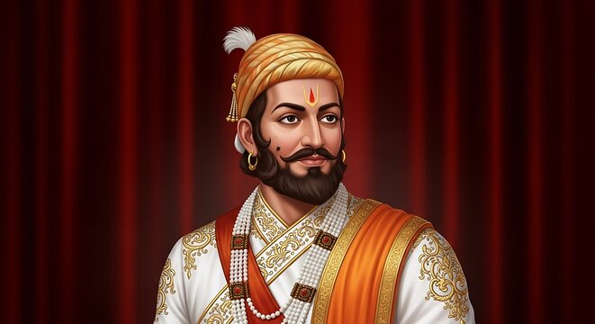 A regal portrait depicts a man in ornate attire, standing before a red curtain backdrop