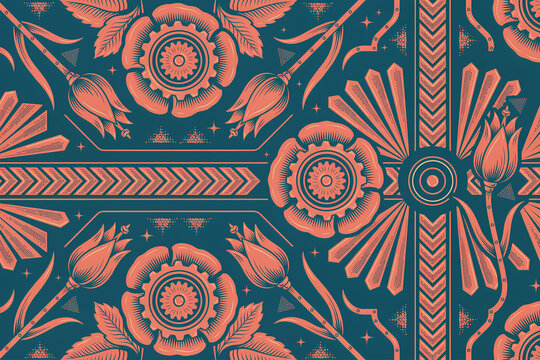 Seamless pattern with stylized orange tulips, mechanical gears, and chevron stripes on a dark teal background