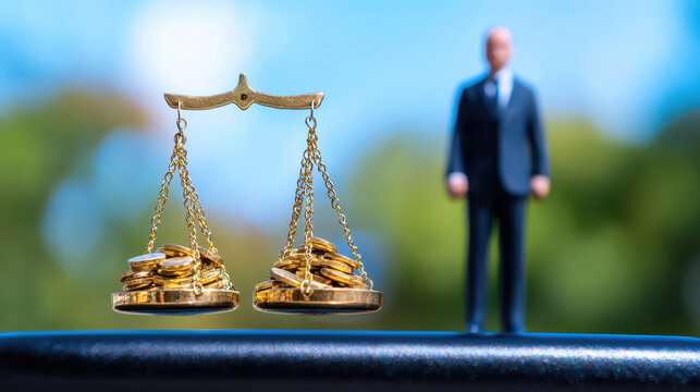 Thought provoking image of balance scale with gold coins, symbolizing wealth and justice, alongside miniature figure in suit