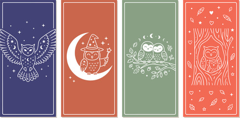 Naklejka premium Cute Magical Owl Scene Vector Illustration Set with Celestial Flying Owl Wizard Moon Owl Couple and Tree Nest for Halloween and Boho Card Design