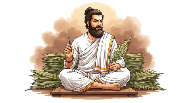 A seated figure with a beard and wrapped in white holding a pen and leaves