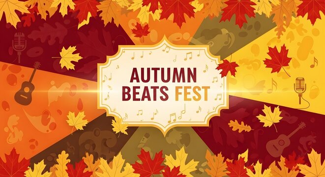 Autumn beats fest abstract musical poster layout design with fall leaves patterns