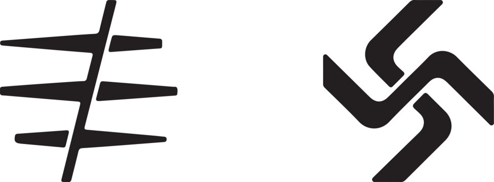 Horizontal bar structure with perpendicular and a swirling four-armed abstract shape on white geometric