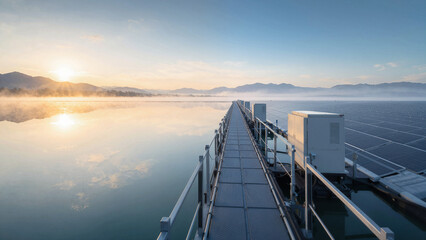Obraz premium Sunrise over a solar panel installation on water with mist rising in the early morning