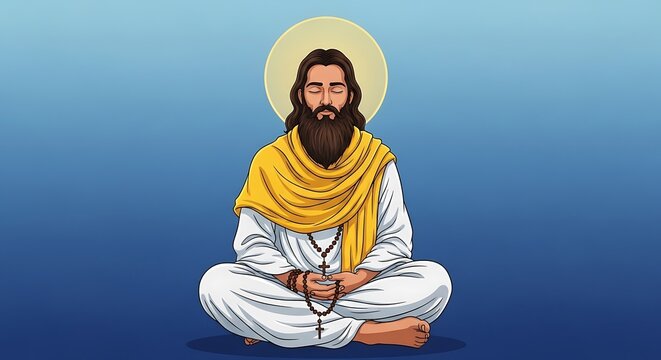 A serene figure, bearded, in white, with a gold halo, meditating on a blue gradient