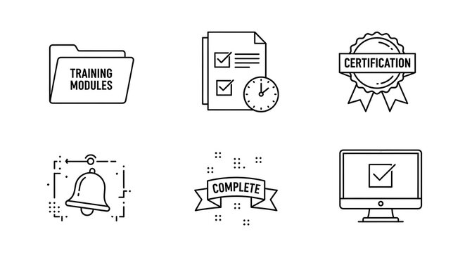 A set of six line icons relating to learning, training, and certification