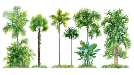 Obraz premium Tropical palm trees display various shapes and sizes, showcasing lush green foliage and vibrant textures, creating serene and exotic atmosphere