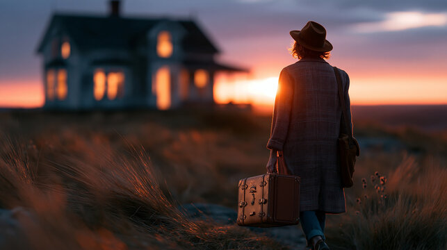 Adult person walking home with a small suitcase toward an old family house at sunset in warm light with emotional roots and personal homecoming