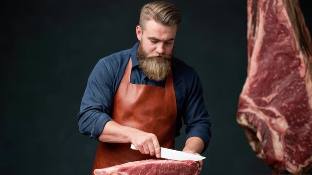 Bearded man in blue shirt and brown apron cutting fresh raw meat carefully with knife in dark professional butcher studio setting