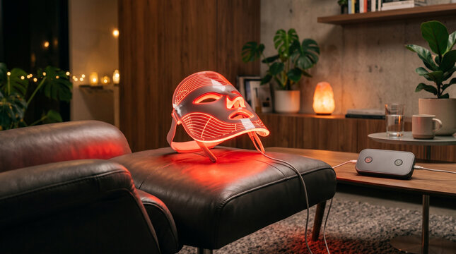 Advanced red LED skincare mask in a modern home setting for wellness and beauty themes.