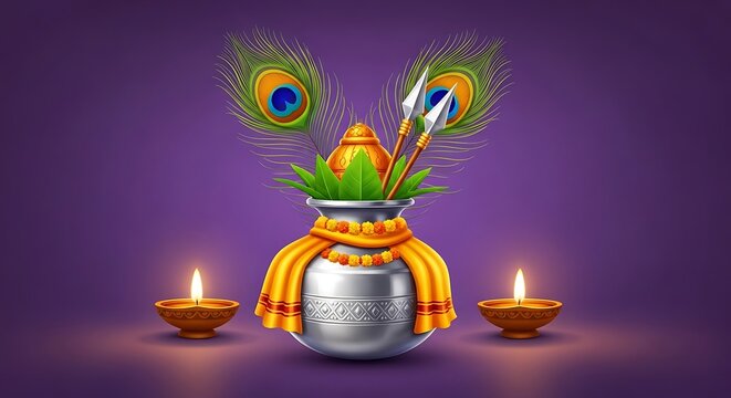 A silver pot adorned with feathers, weapons, and candles on a purple background