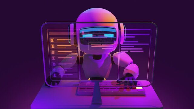 4k 3d animation of cute futuristic robot interacting with a  computer. Concept of an AI chatbot, virtual assistant, machine learning program, and smart automated customer support.