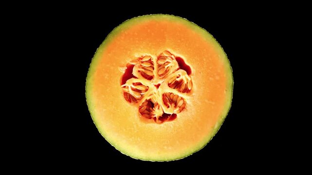 Beautiful close up shot of a half cut ripe cantaloupe rockmelon showing orange flesh and central seeds against solid black background