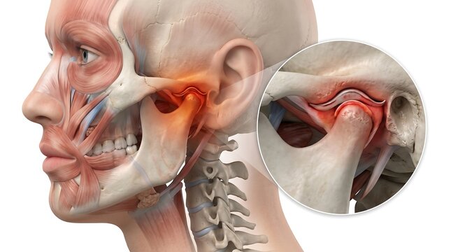 Detailed medical illustrations of human jaw anatomy, focusing on temporomandibular joint dysfunction