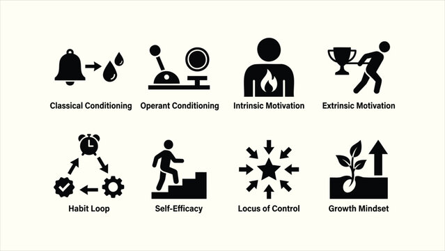 Psychological behavior and motivation solid glyph vector icon set collection