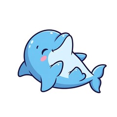 Naklejka premium Cute little blue dolphin cartoon character with a happy expression and round body shape floating cheerfully on a clean white background in a vibrant flat vector art style illustration design.