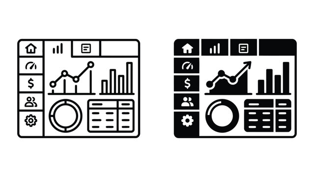 Comprehensive business management dashboard icon with sidebar navigation and analytical data visualizations for corporate software platforms in professional vector flat design with outline and solid