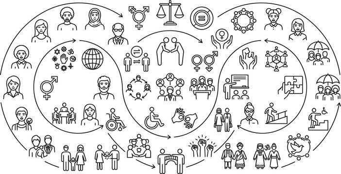 Social equality and diversity human rights icons set in circles