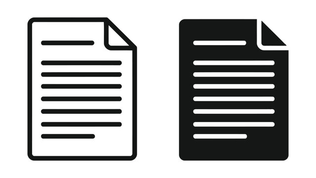 Document file paper icon set featuring lined text in outline and solid black vector style for administrative tasks and office software user interface elements and professional design projects