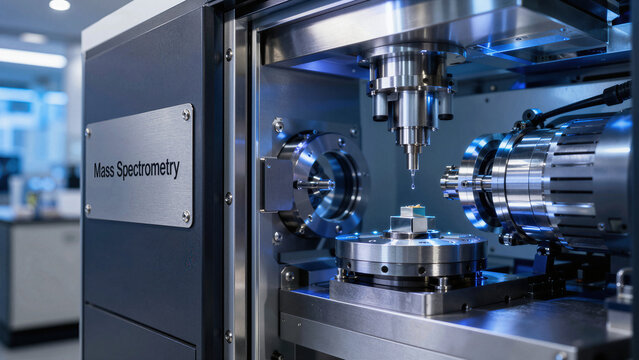 Mass spectrometry instrument stands in a laboratory setting with a focus on its detailed mechanics and technology during a scientific analysis