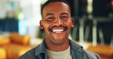 Obraz na płótnie Canvas Portrait, oral hygiene and funny black man in home for gum health, dental wellness and mouth care. Laughing, teeth shine and person at apartment for dentistry benefits, orthodontics and smile