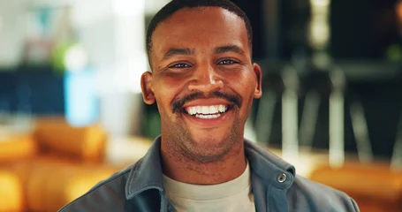 Portrait, oral hygiene and funny black man in home for gum health, dental wellness and mouth care. Laughing, teeth shine and person at apartment for dentistry benefits, orthodontics and smile © peopleimages.com