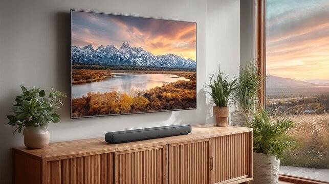 Cozy home entertainment setup with stunning natural view