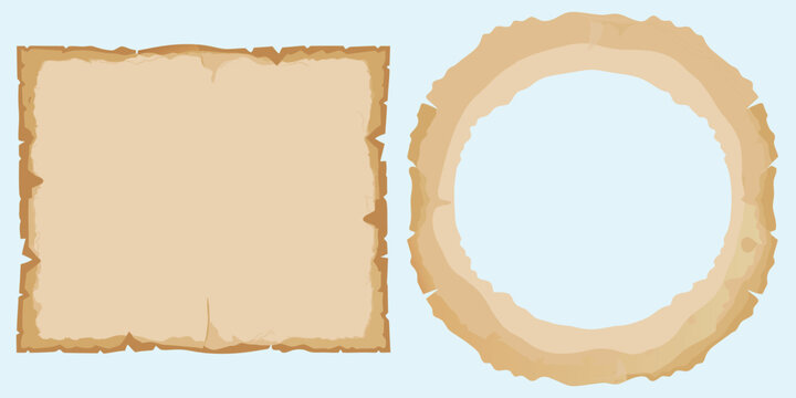 Decorative antique parchment rectangle and circle frames featuring worn edges and textured surface for rustic creative project needs.