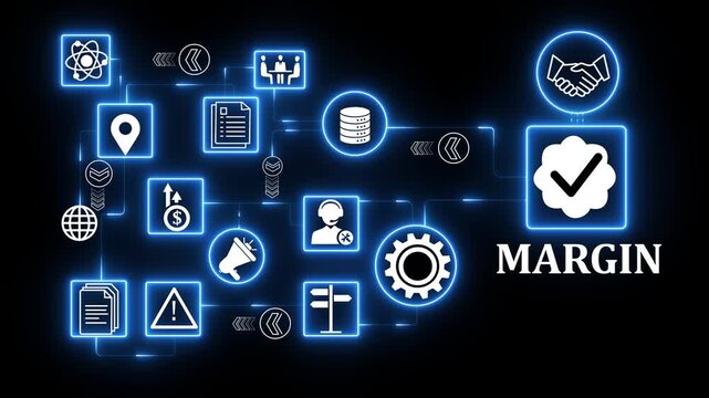 Neon Business margin Routing Workflow Concept with Digital Automation, Data Flow and Network Connectivity Icons