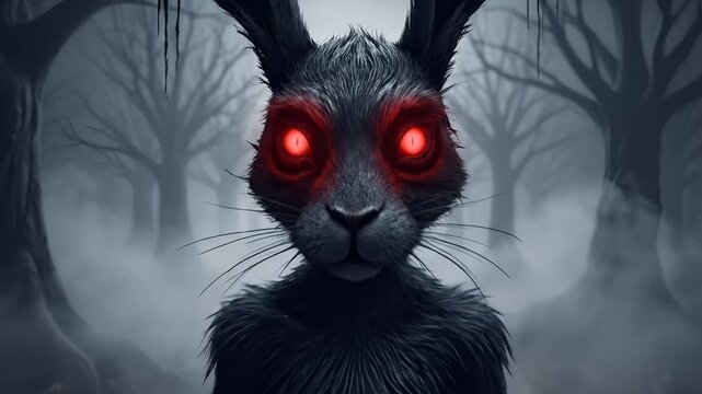 Mysterious shadow figure with glowing red eyes in a foggy forest at night