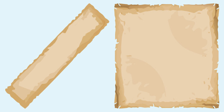 Set of old paper scrolls and blank parchment sheets isolated on light blue background for historical documents or medieval letter design.