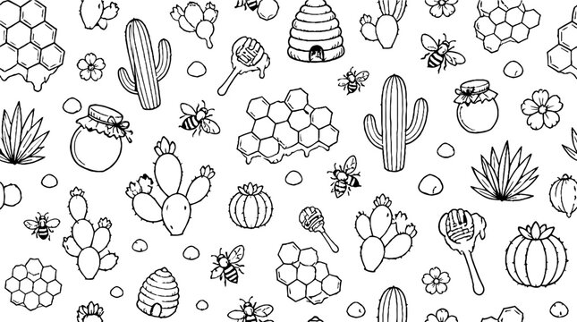 Hand drawn cactus and beekeeping elements illustration.