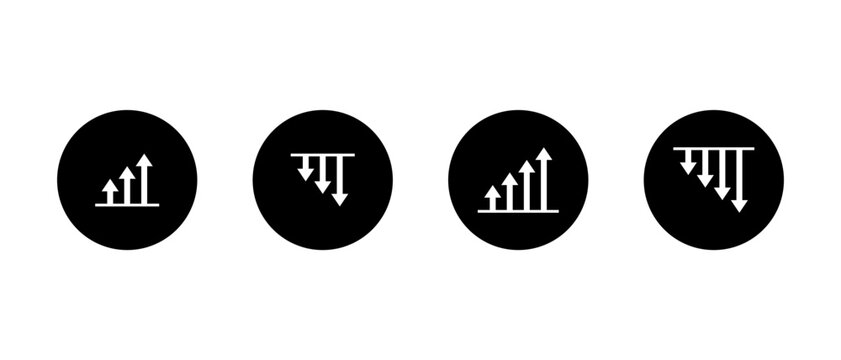 Growth and decline arrow icon set in black circle. Upward and downward trend symbol. Up and down arrows