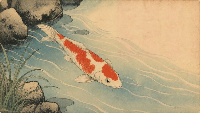 清流を優雅に泳ぐ赤と白の模様が美しい錦鯉の和風イラスト