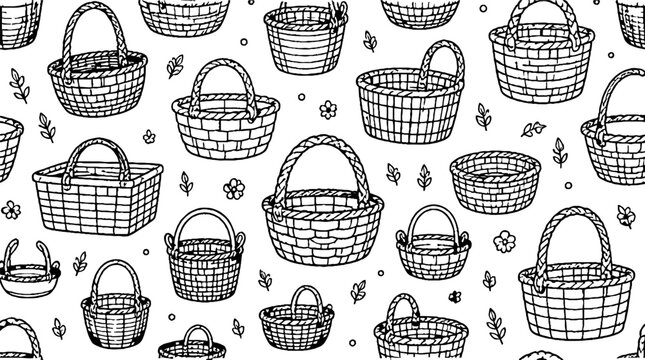 Hand Drawn Wicker Baskets with Floral Accents Pattern.