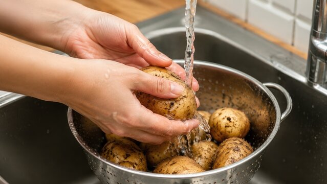 Hands rinsing dirty unpeeled potatoes in a metal colander under running faucet water in a kitchen sink, preparing produce for cooking